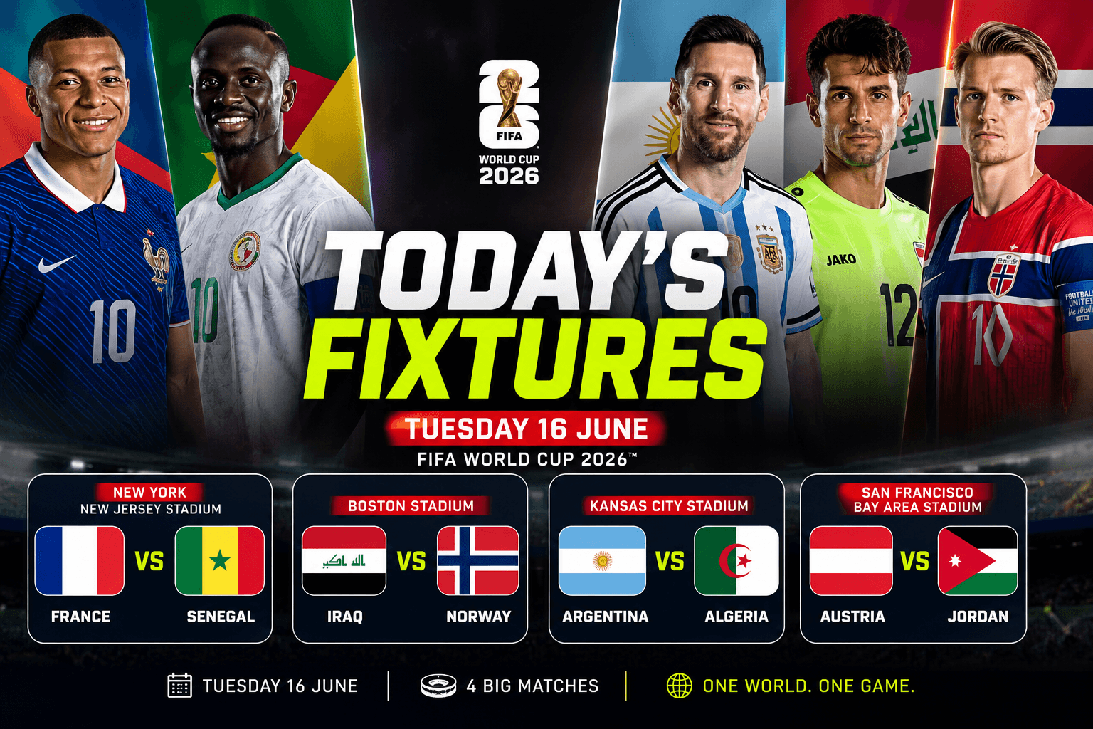 FIFA World Cup 2026: France, Argentina and Senegal Headline Today’s World Cup Fixtures